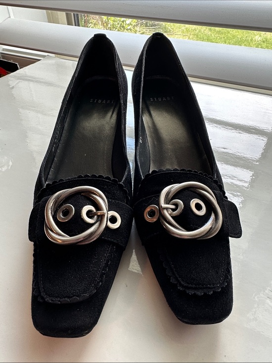 Stuart Weitzman Shoes - Stuart Weitzman Black Suede Loafers with Silver Buckle